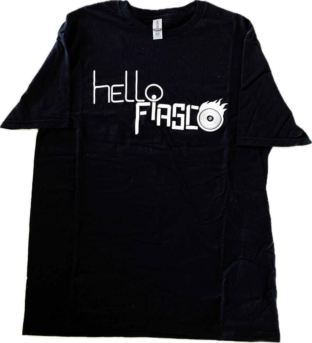 MEN'S (and WOMEN'S) BLACK HELLO FIASCO T-SHIRT WITH BAND LOGO